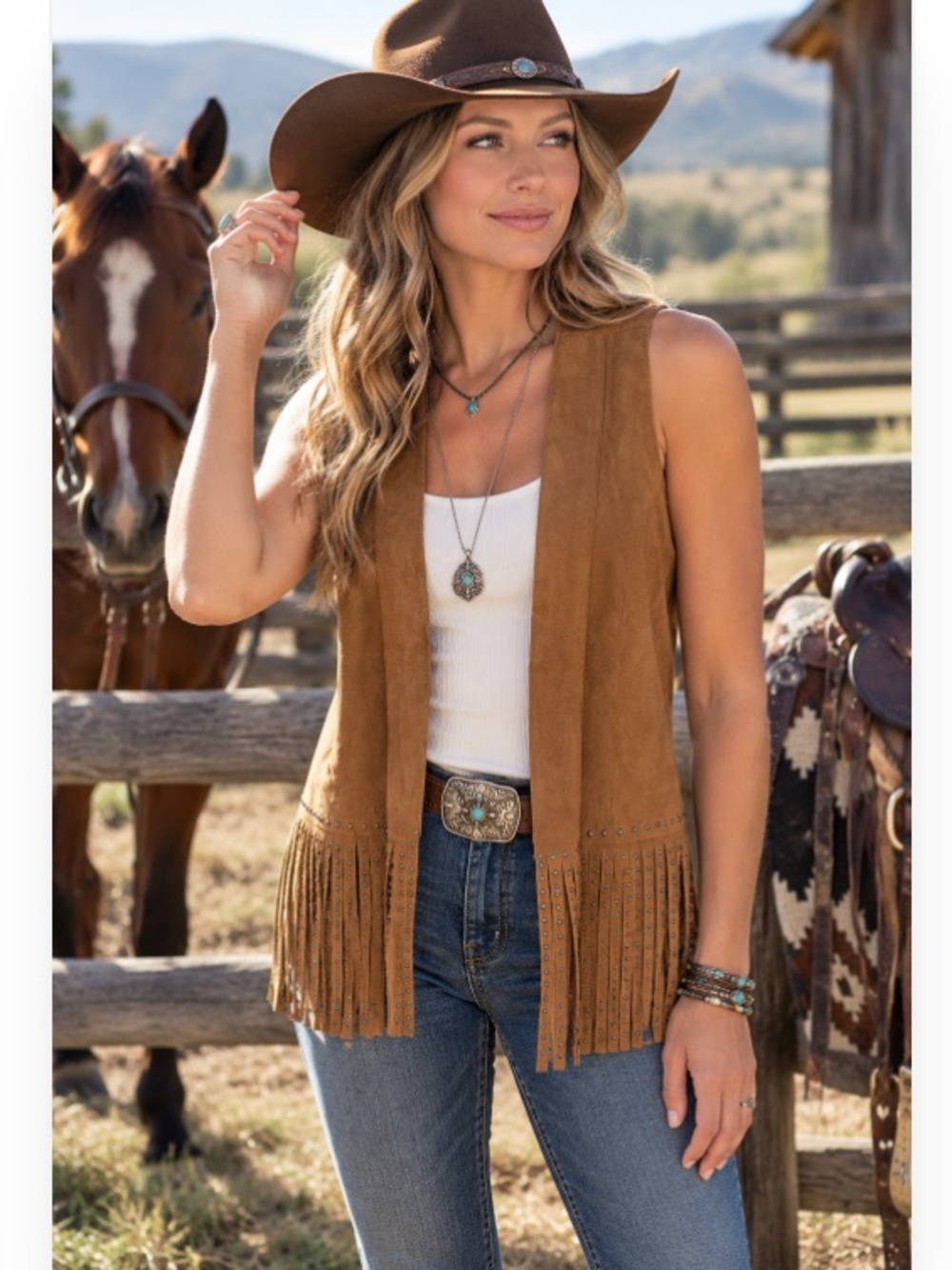 Vocal USA Brown Faux Suede Fringe Vest open studded Cowgirl Rodeo Brown Size